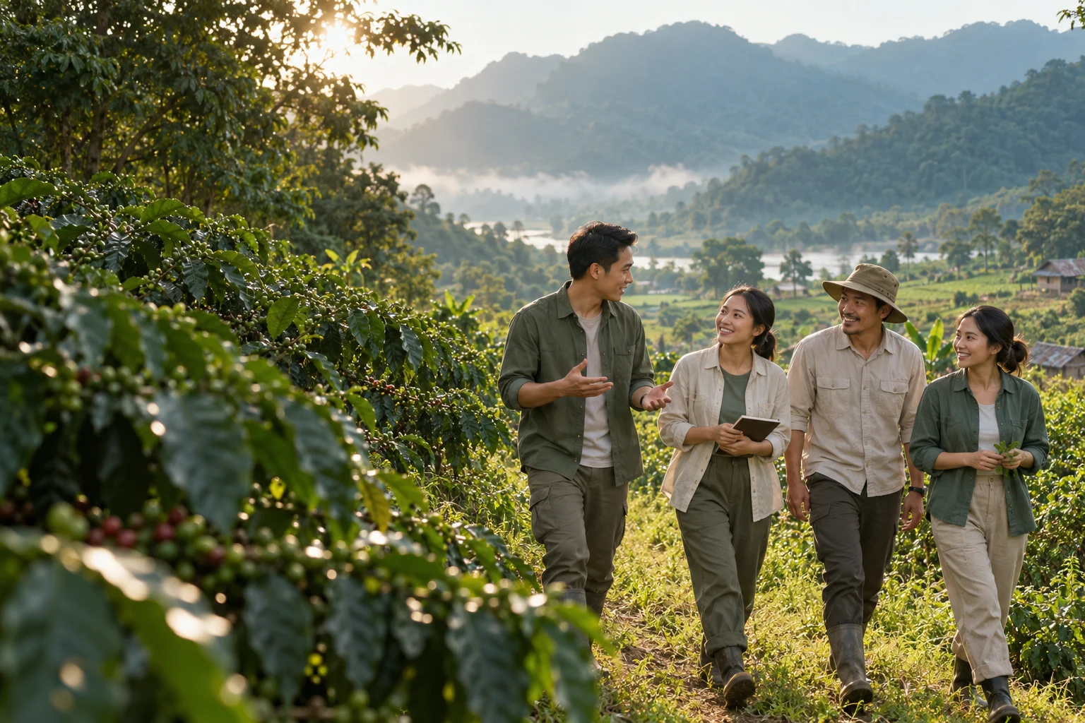 Nhóm người hư cấu tại nông trại, hình minh họa do AI tạo